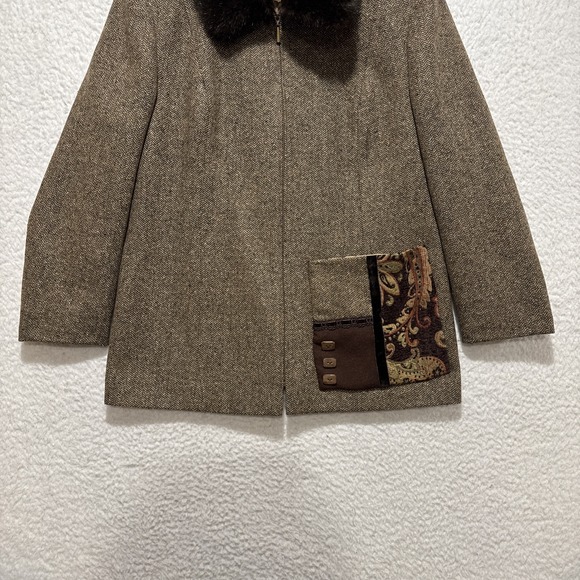 VTG Talbots Jacket Womens 10P Brown Long Sleeve Herringbone Faux Fur Collar RARE - Picture 5 of 14